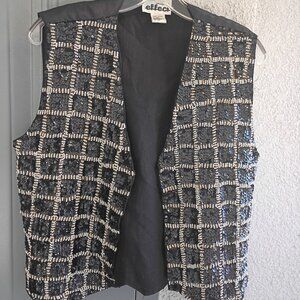 Vintage Effeci Black Velvet Vest With A Checkered Pattern Of White Faux Pearl